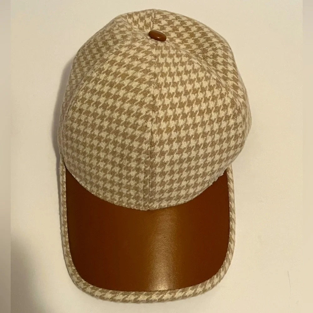Houndstooth Baseball Cap, PU Leather Brim